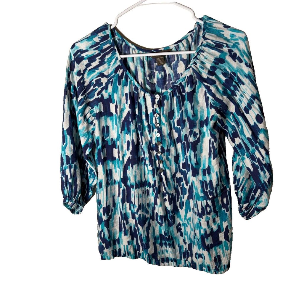 Tommy Bahama Blouse Women's XS Popover 3/4 Sleeve Printed Shirt Top Casual